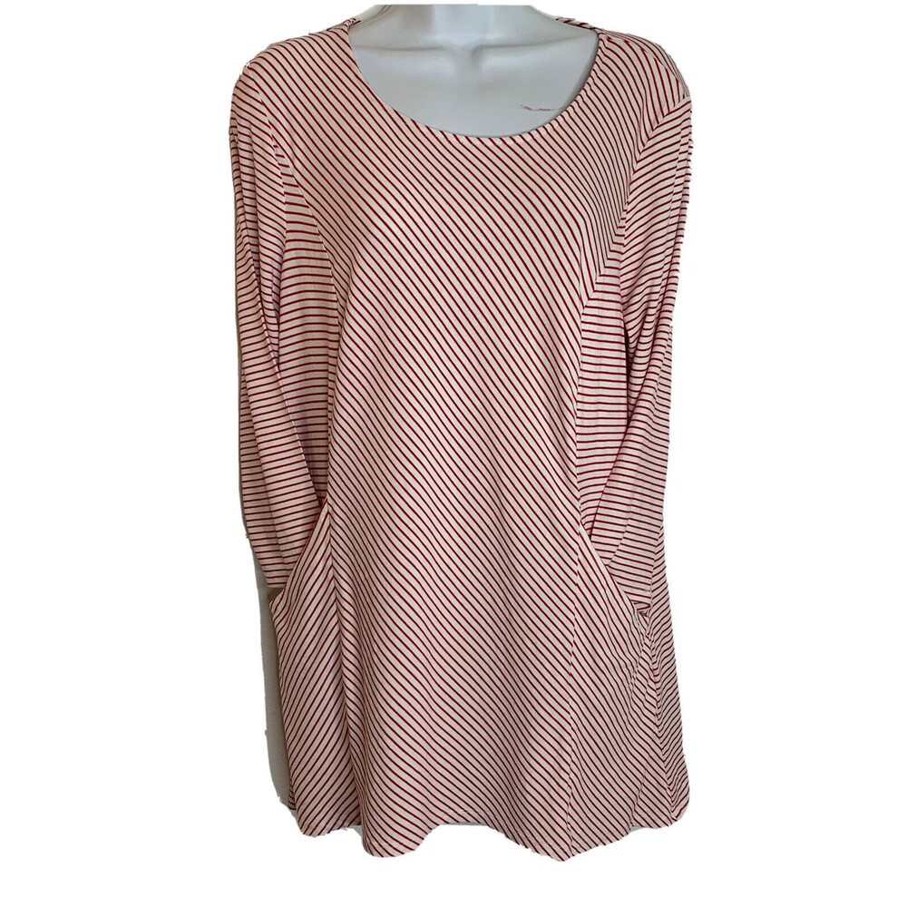 Chico's Red White Stripe sz 1 M Top Blouse Pockets 3/4 sleeve (09